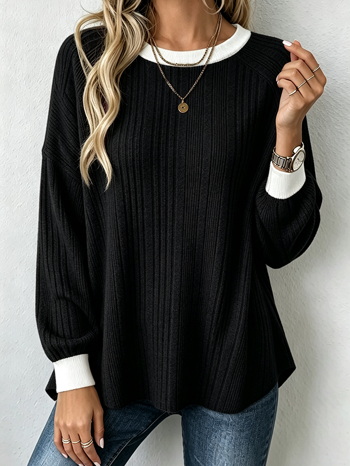 Cozy Chic Contrast Trim Ribbed Sweater