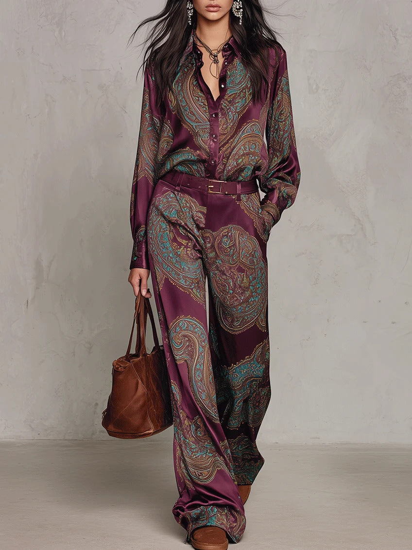 Two-piece Set Featuring A Satin Shirt And Trousers With A Vintage Paisley Print.