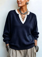 Chic Elegant False Two-piece Lace-trim Sweater F