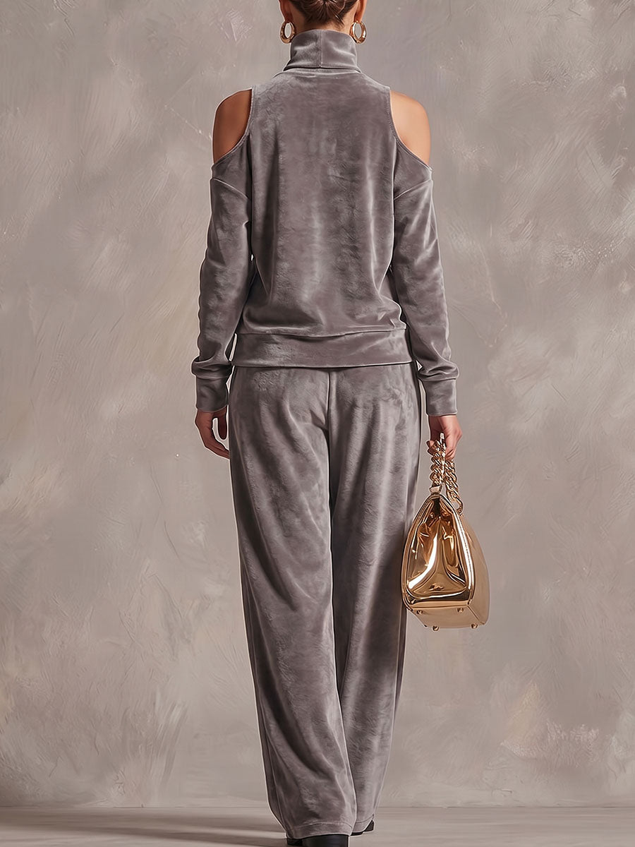 Women's Solid Color Stand Collar Off-shoulder Long Sleeve Casual Loose Velvet Top And High-waisted Wide-leg Casual Pants Velvet Set
