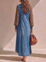 Women's V-neck Long-sleeved Casual Loose Leopard Print Patchwork A-line Denim Dress
