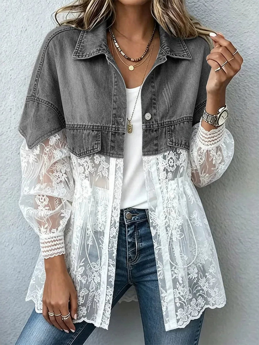 Casual Patchwork Lace Denim Jacket