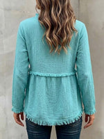 Long-sleeve Cotton-linen Blend Babydoll Top With Wooden Buttons, Tassels, And Ruffles