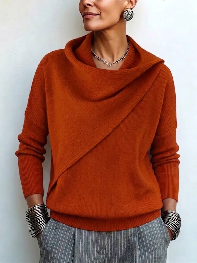 Wrap-style Slouchy-neck Drop-shoulder Long-sleeve Knit Pullover