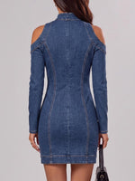 Women's Stand-up Collar Off-shoulder Long-sleeve Round Metal Hollow-out Casual Slim-fit Denim Dress