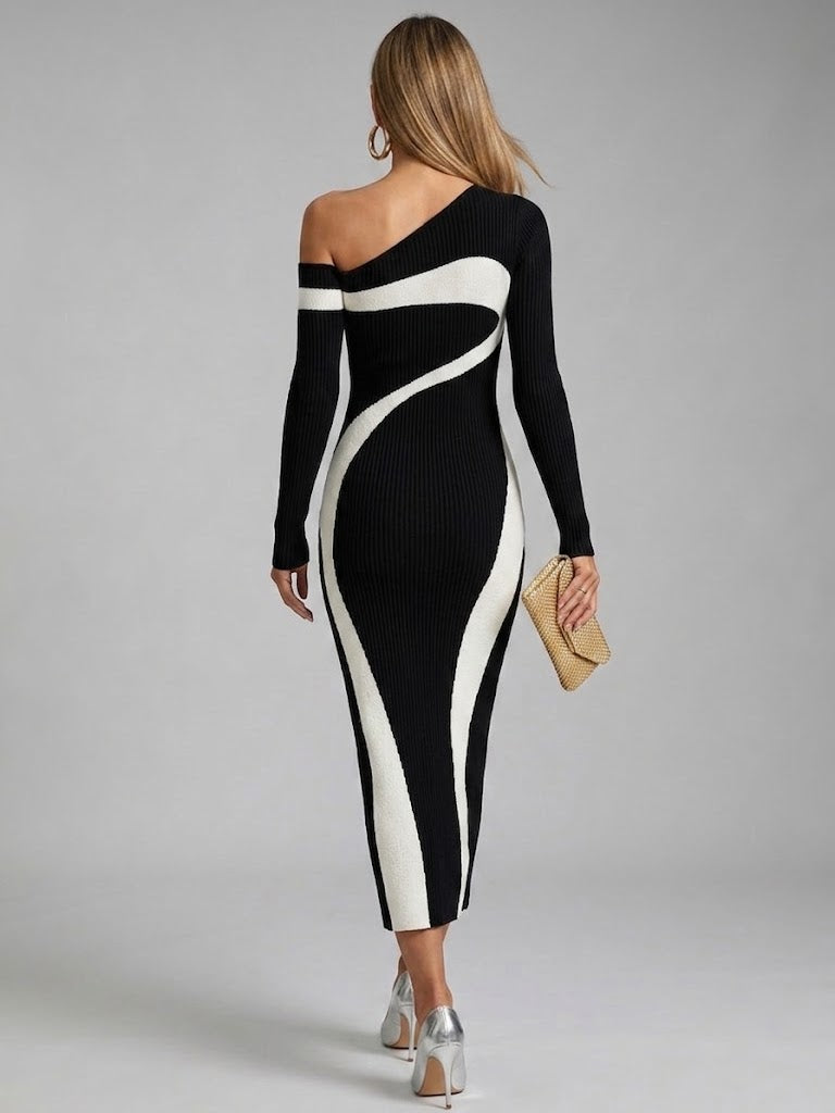 Elegant One-shoulder Black And White Color-block Ribbed Knit Midi Dress