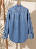 Washed Denim‑look Front Multi‑ruffle Long‑sleeve Blouse