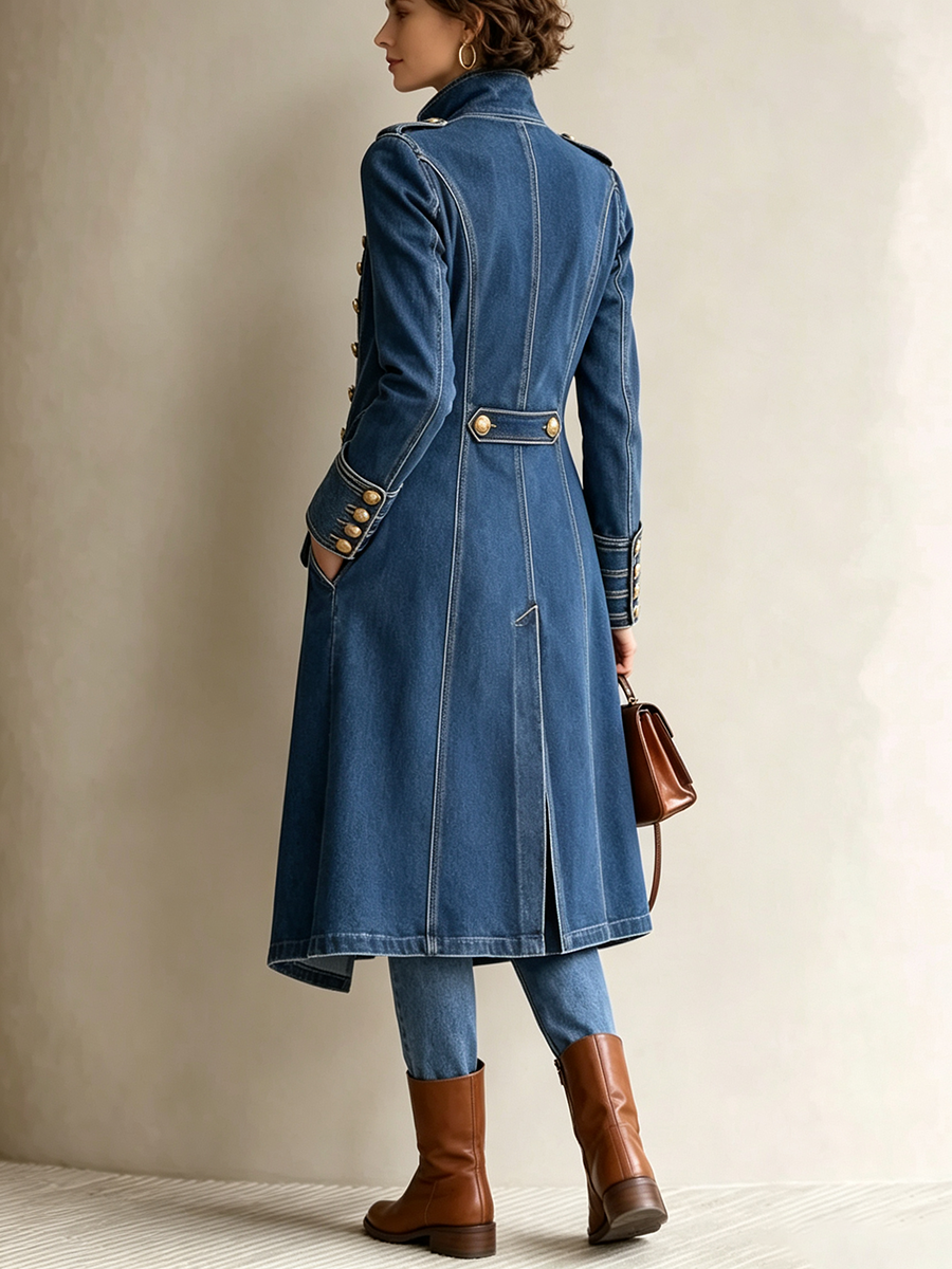 Chic Military-inspired Long Denim Coat