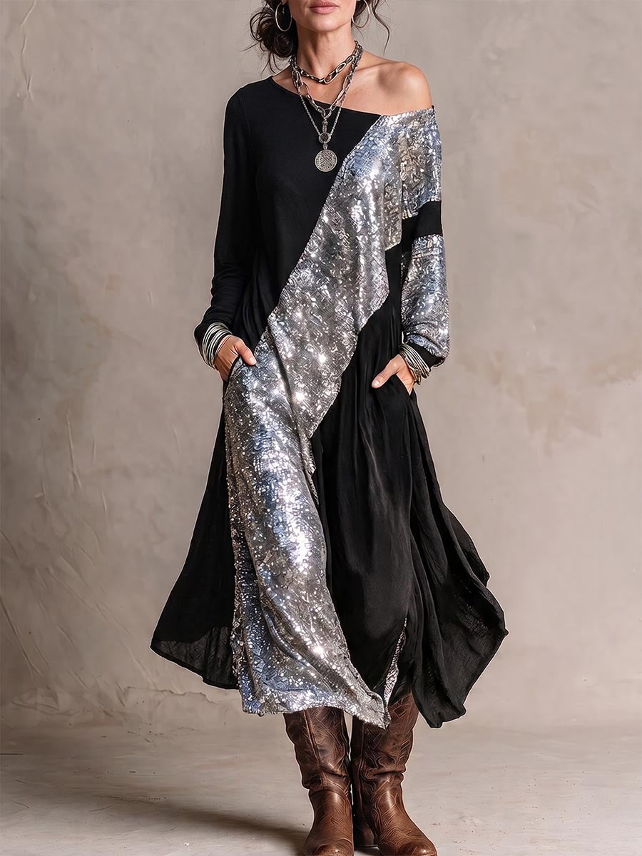 Women's One-shoulder Neckline Long-sleeved Casual Loose Sequin Patchwork Dress