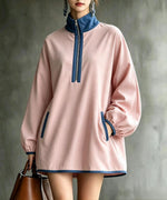 Casual Faux Suede Half-Zip Dress with Contrast Trim