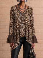 Leopard Print Paneled Asymmetric‑hem V‑neck Long‑sleeve Top