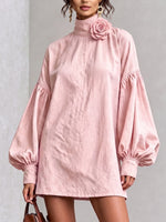 Chic Blush Pink Flower Lantern Sleeve Mini Dress