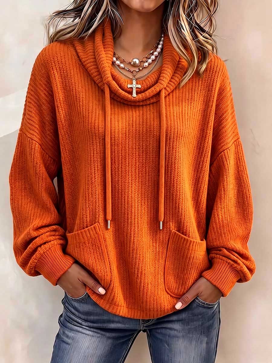 Women's Solid Color Long-sleeve Casual Loose-fit Knit Pullover With Drawstring Cowl Neck