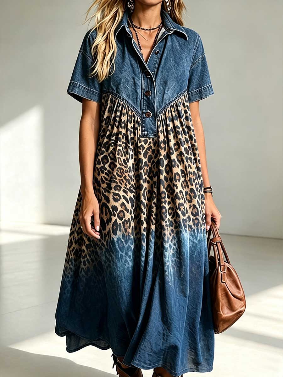 Women's Collared Short-sleeved Casual Loose Denim Patchwork Gradient Leopard Print Cotton Linen Dress