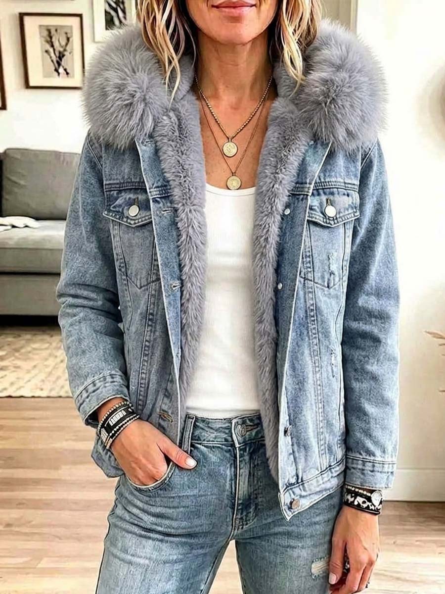 Women's Faux Fur Collar Patchwork Casual Loose Denim Jacket