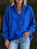 Vibrant Blue Asymmetric Button Knit Sweater