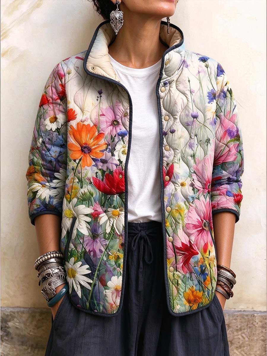 Women's Vibrant Floral Print Quilted Stand Collar Jacket