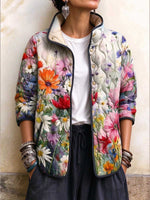Women's Vibrant Floral Print Quilted Stand Collar Jacket