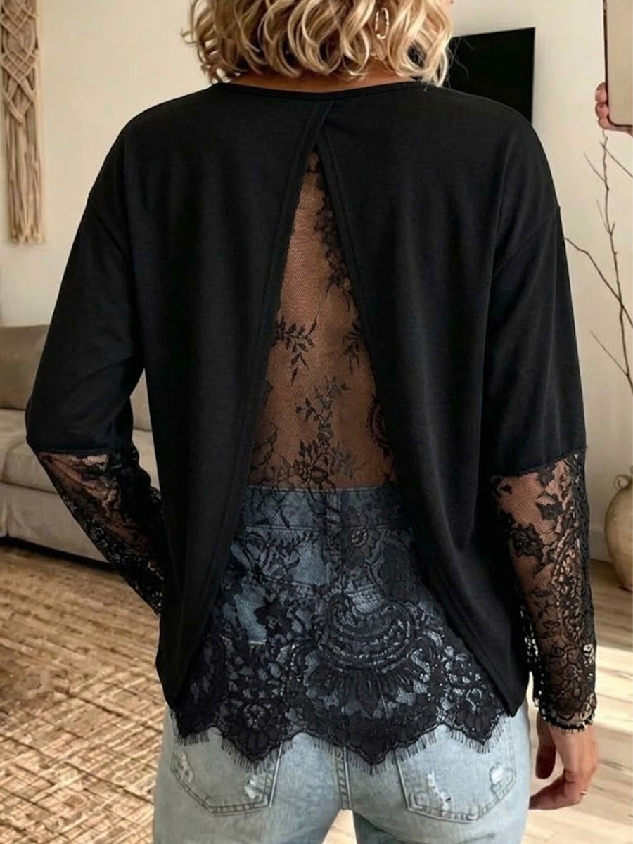 Long-sleeved Top With Lace Paneling And A Back Slit