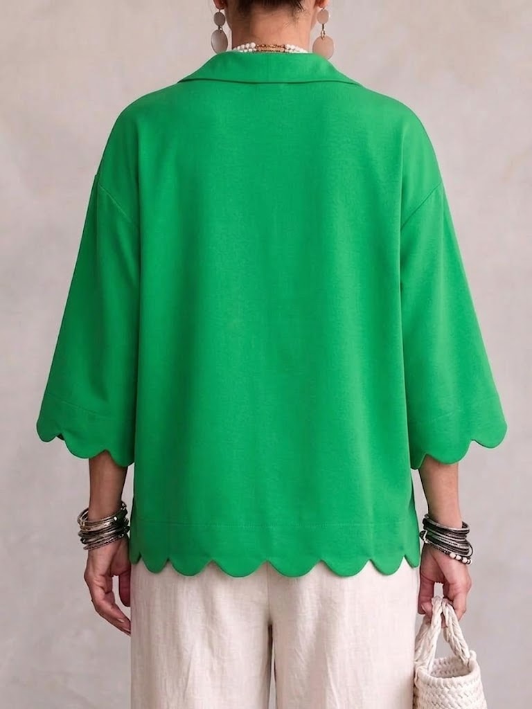 Scallop‑trim Lapel Collar 3/4 Sleeve Relaxed Top