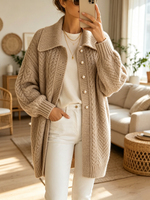 Elegant Cozy Lapel Oversized Cable-knit Wool Blend Cardigan