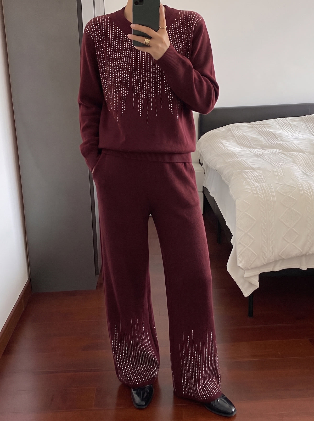 Comfortable Rhinestone Embellished Knit Three-Piece Set