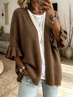 Solid-color, Loose-fit, Casual Knit Cardigan With Three-quarter Sleeves