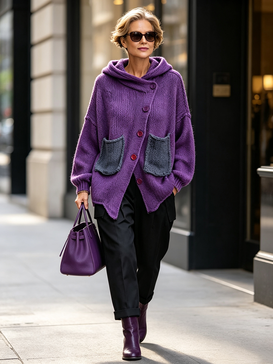 Chic Purple Asymmetric Oversized Hooded Chunky Knit Sweater