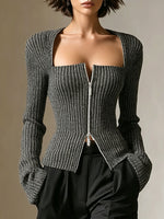 Chic Ribbed Knit Zip-up Top