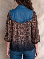 Women's Denim Collared 3/4 Sleeve Leopard Print Patchwork Casual Loose Top