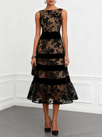 Elegant Floral Lace And Velvet-striped Midi Dress