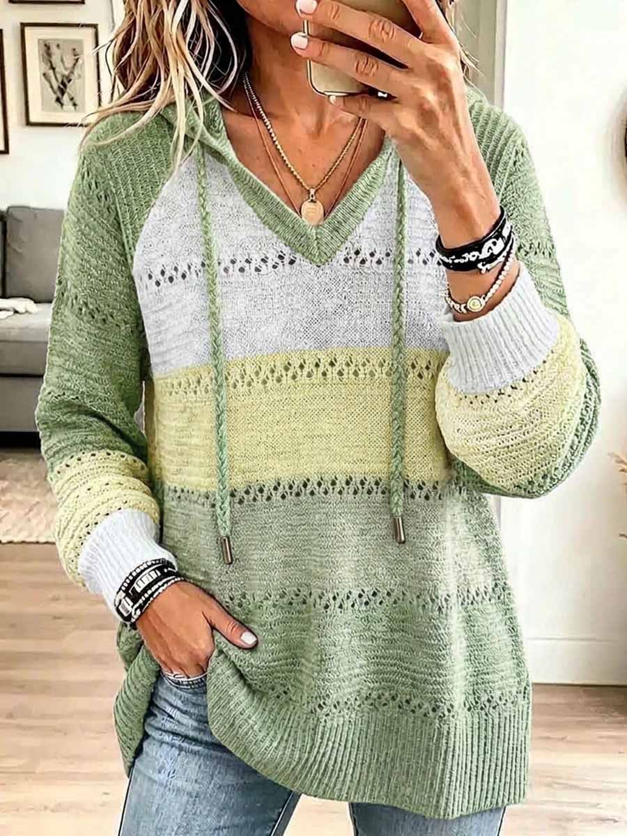 Women's Color-blocked V-neck Long-sleeved Casual Loose Knit Hooded Pullover