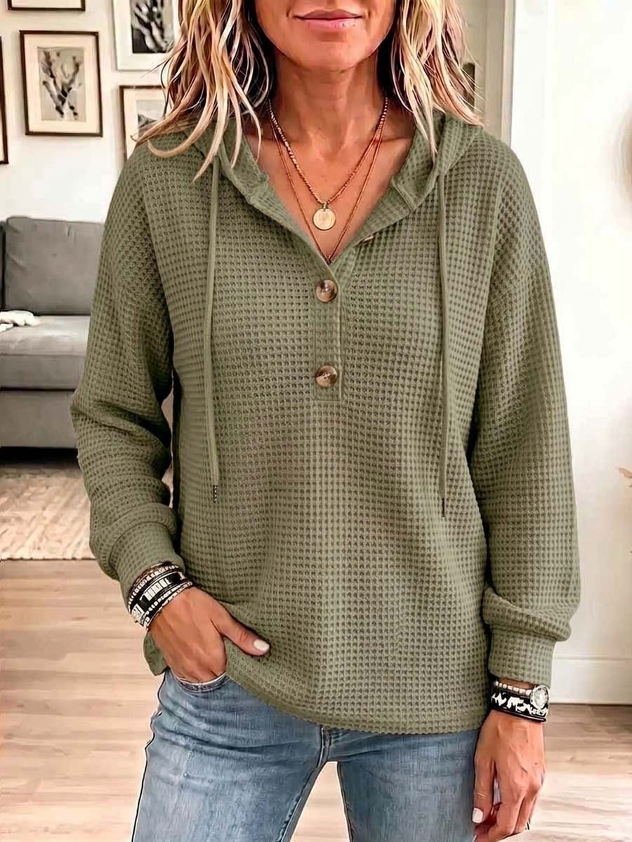 Women's Solid Color V-neck Long-sleeve Casual Loose Waffle Knit Hooded Top