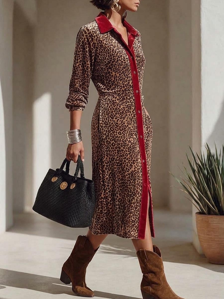 Women's Long-sleeve Casual Loose-fit Velvet Dress With Leopard Print Panel And Collar
