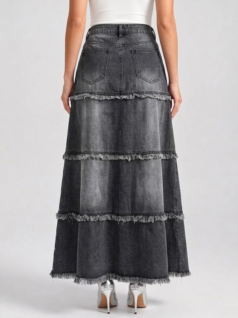 Stylish Casual Long Denim Skirt With Raw-edge Paneling