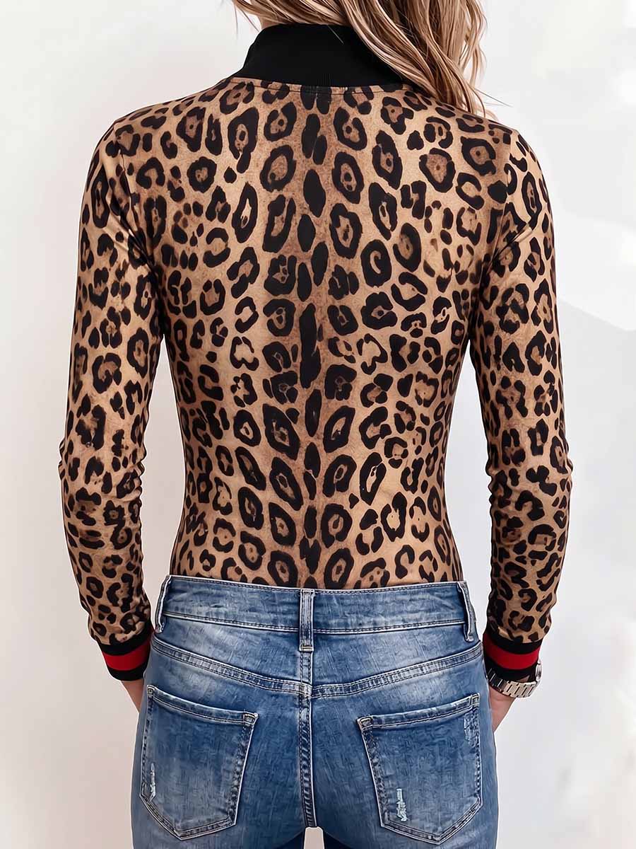 Women's Leopard Print Stand-collar Long-sleeve Slim-fit Casual Top