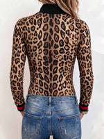 Women's Leopard Print Stand-collar Long-sleeve Slim-fit Casual Top