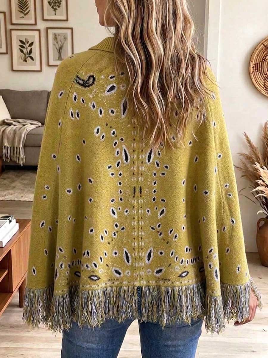 Mustard Yellow Abstract Print Zip-up Fringed Poncho