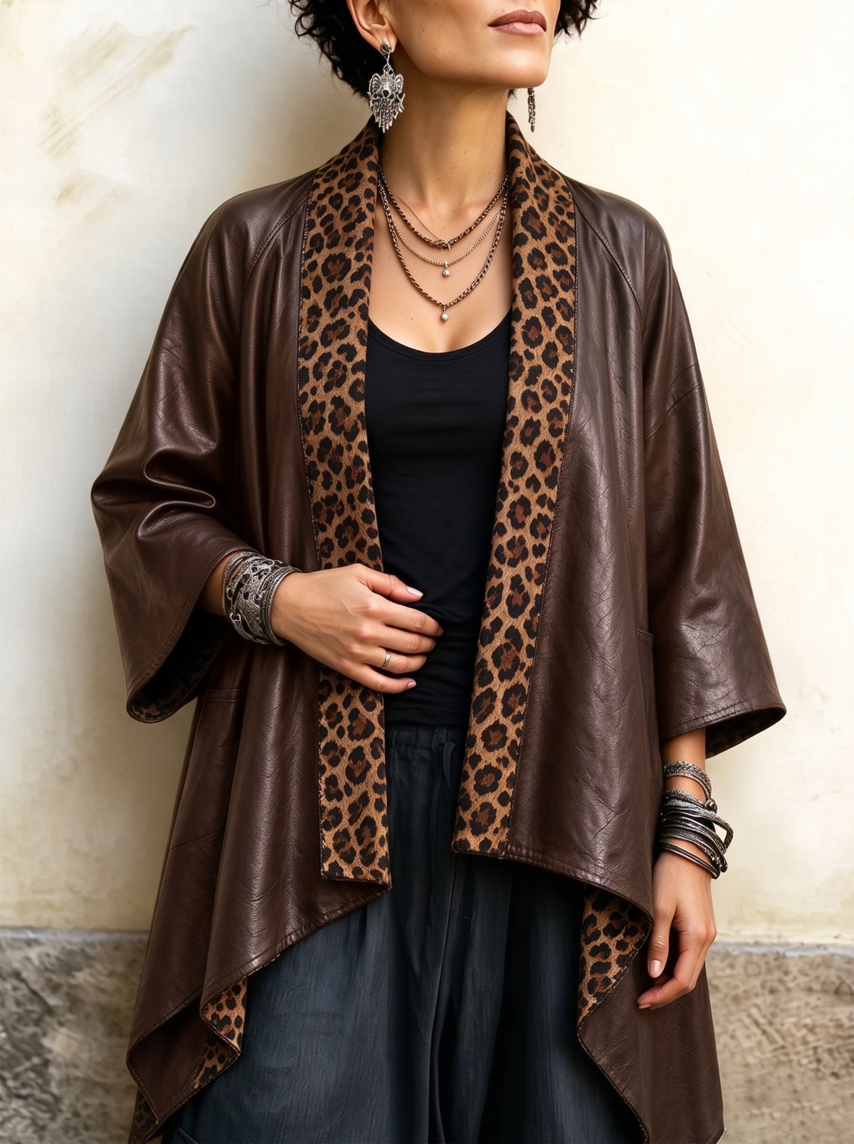 Edgy Leopard-Print Trim Faux-Leather Cardigan