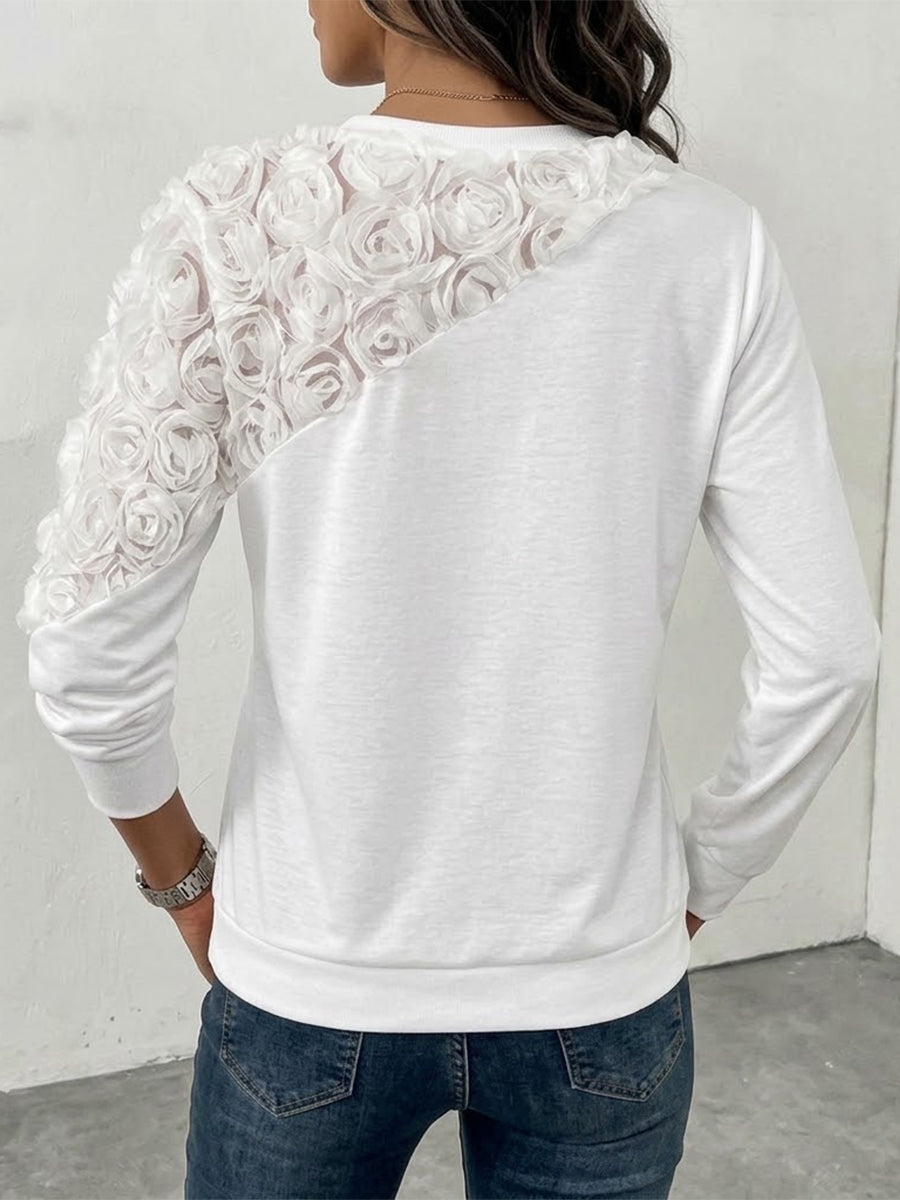 Solid-color Long-sleeve Sweatshirt With Elegant 3d Rose Floral Embellishment