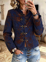 Vintage Floral Jacquard Mandarin Collar Jacket With Metal Toggle Clasps