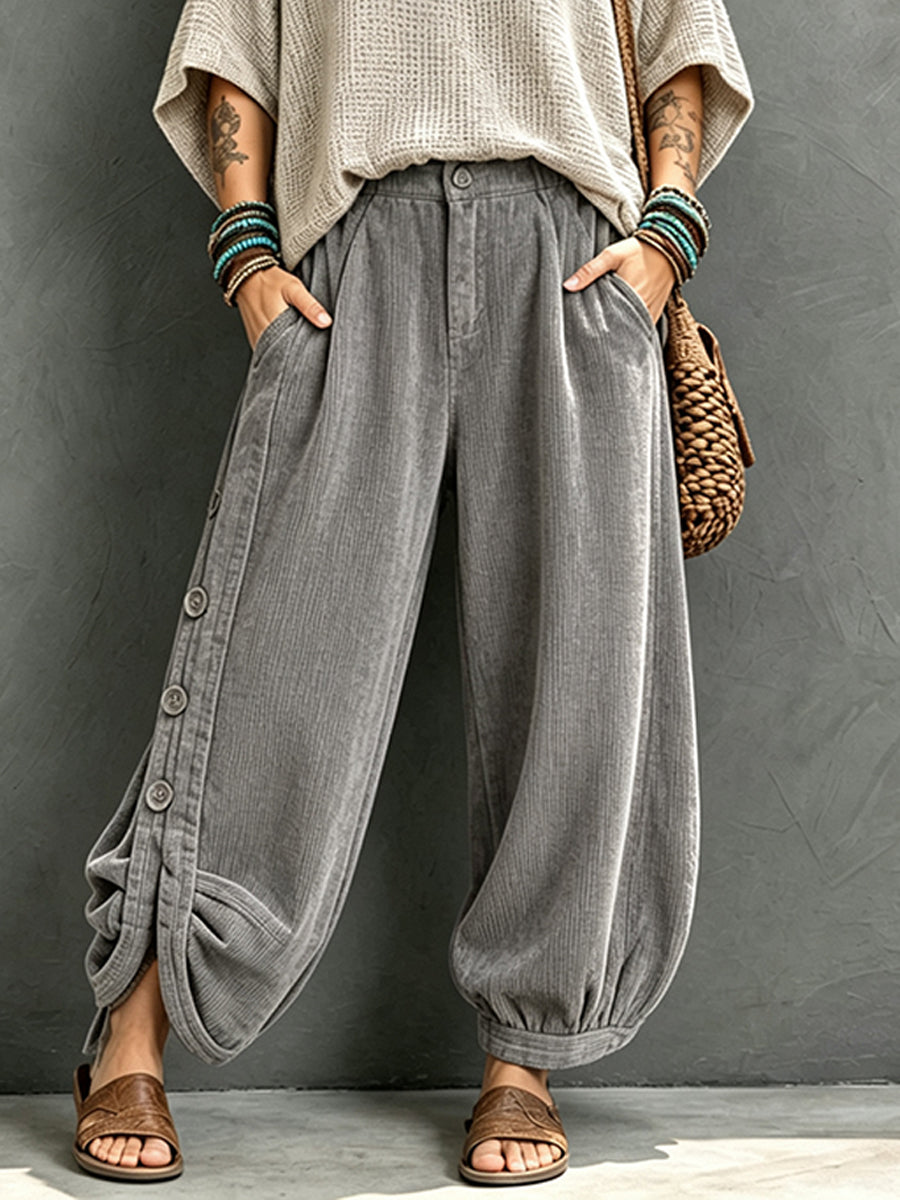 Casual Corduroy Harem Pants With Button Detail