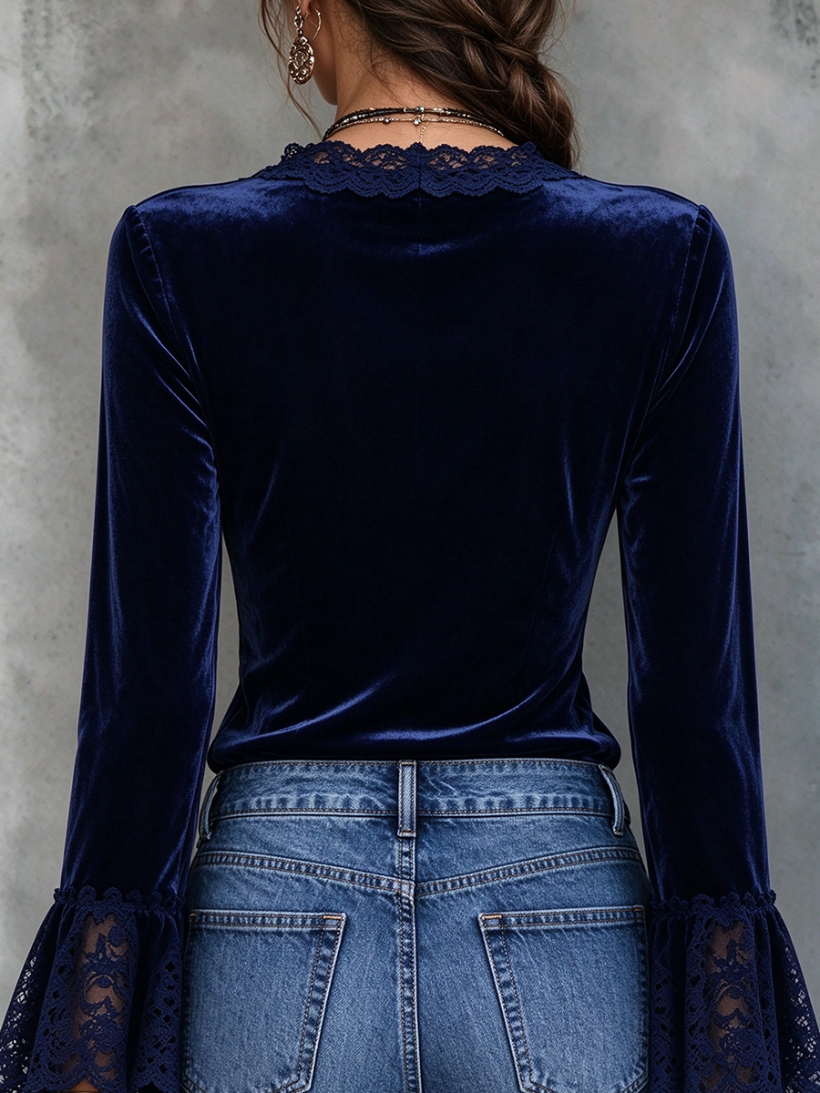 Elegant Lace Trim Velvet Flare Sleeve Top
