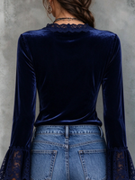 Elegant Lace Trim Velvet Flare Sleeve Top