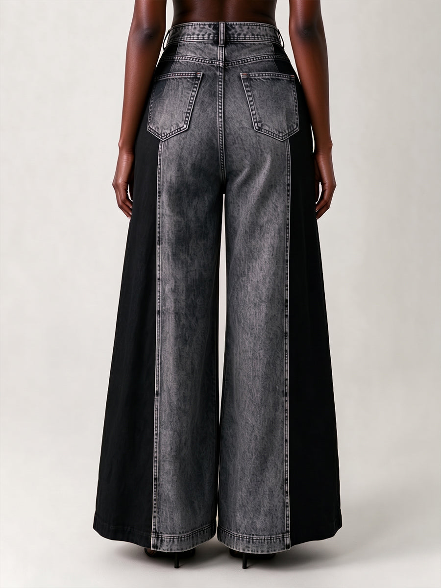 Edgy Two-Tone Denim High-Slit Wide-Leg Pants