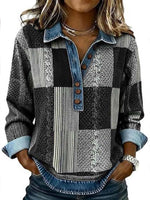 Women’s Long-sleeved Pullover With A Denim-style Collar And Digital-print Paneling