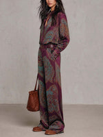Two-piece Set Featuring A Satin Shirt And Trousers With A Vintage Paisley Print.