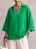 Scallop‑trim Lapel Collar 3/4 Sleeve Relaxed Top