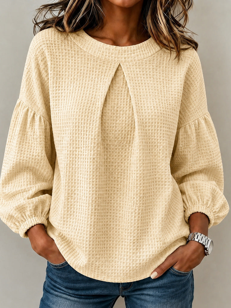 Waffle Textured Pleated Neck Bubble Sleeve Blouse