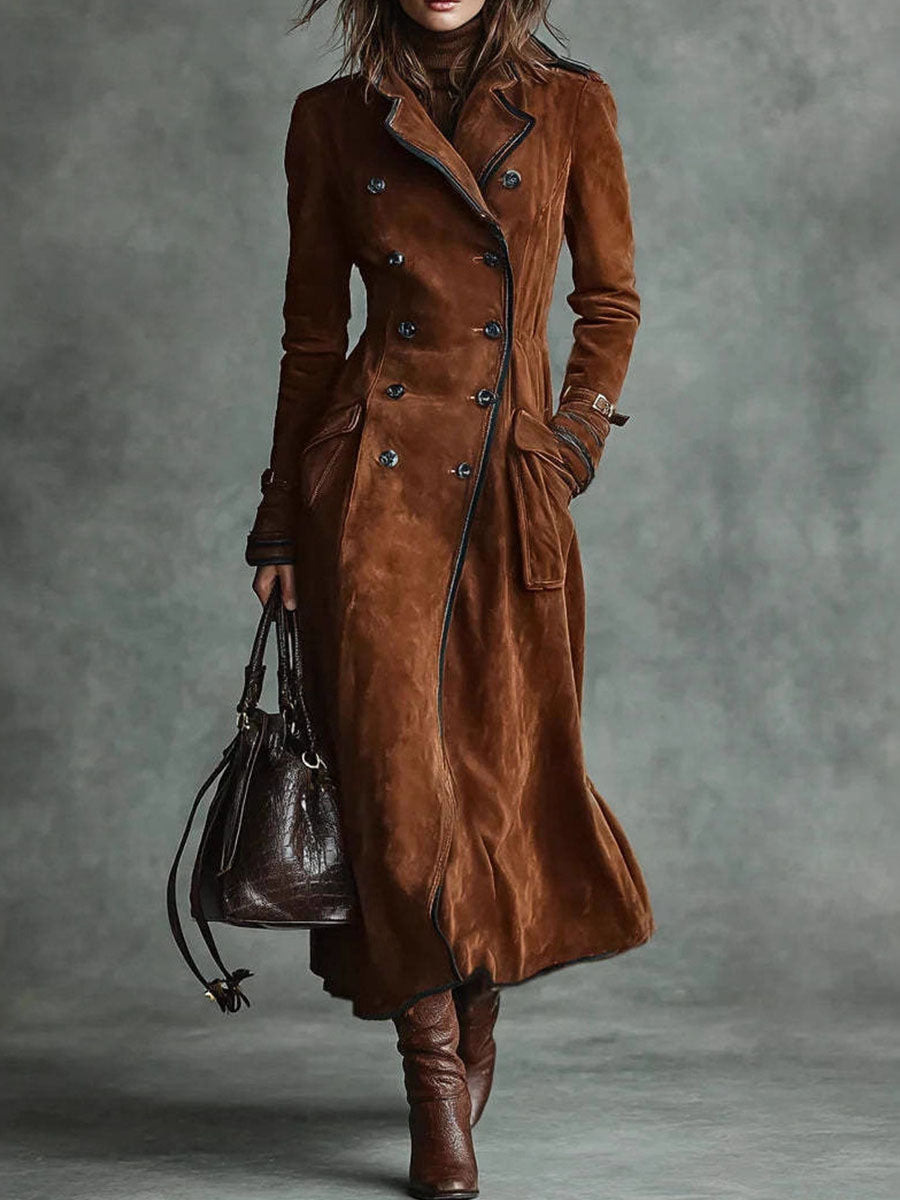 Women's Double-breasted Suede Maxi Coat With Contrast Piping